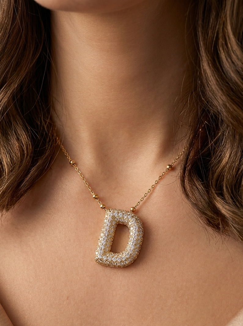 D letter stone studded chain