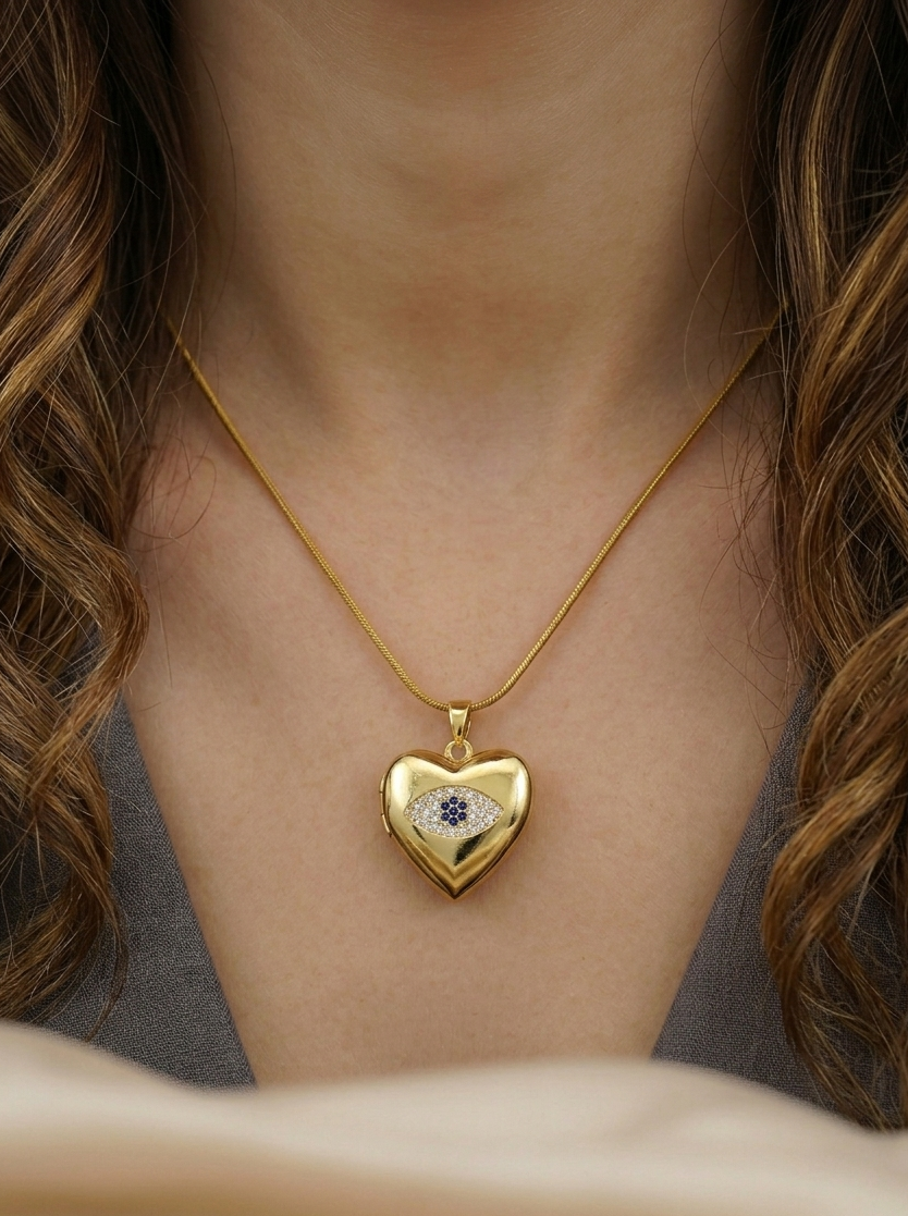 Evil eye 18k plated chain heart locked