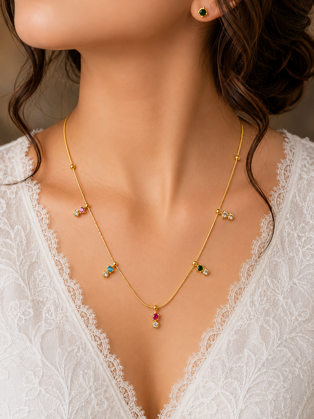 Premium multi colour stone chain with earrings