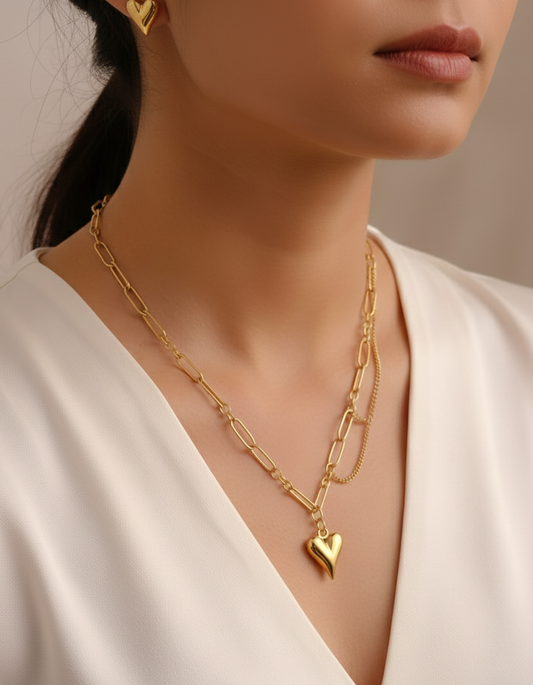 18k plated heart linked layer Chain with earrings ( combo )